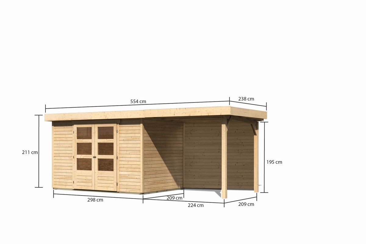 Gartenhaus Askola 4 - 302x217 cm mit Anbaudach 2,40m und Rückwand, 19 mm naturbelassen, Karibu