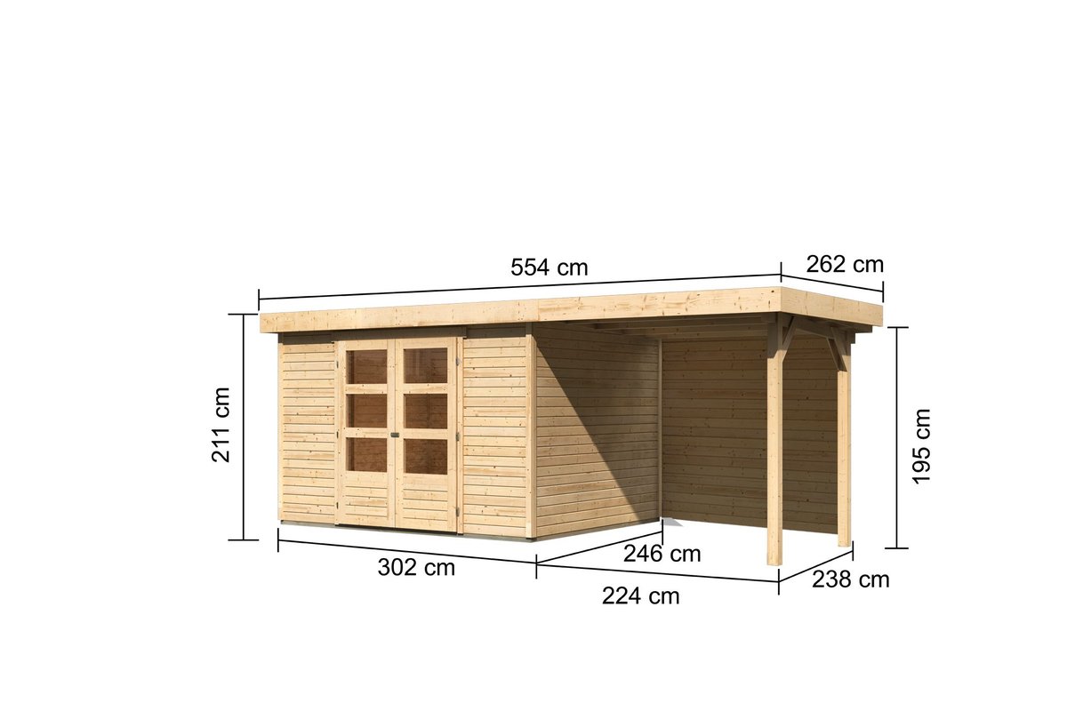Gartenhaus Askola 5, 302 x 246 cm inkl Anbaudach 2,40 m mit Rückwand, 19 mm Holz naturbelassen