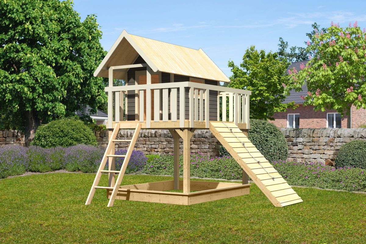 Stelzenhaus FIDEL terragrau, Set mit Holzrampe, Karibu