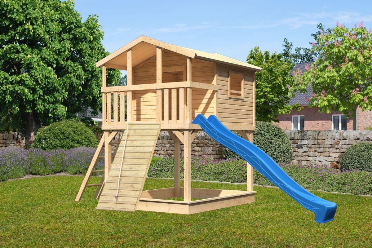 Stelzenhaus Benjamin naturbelassen mit Rutsche blau und Holzrampe