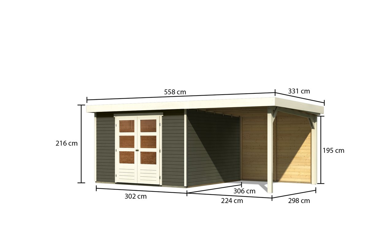 Gartenhaus Askola 6 -302x306 cm mit Anbaudach 2.40m und Rückwand, 19 mm terragrau, Karibu