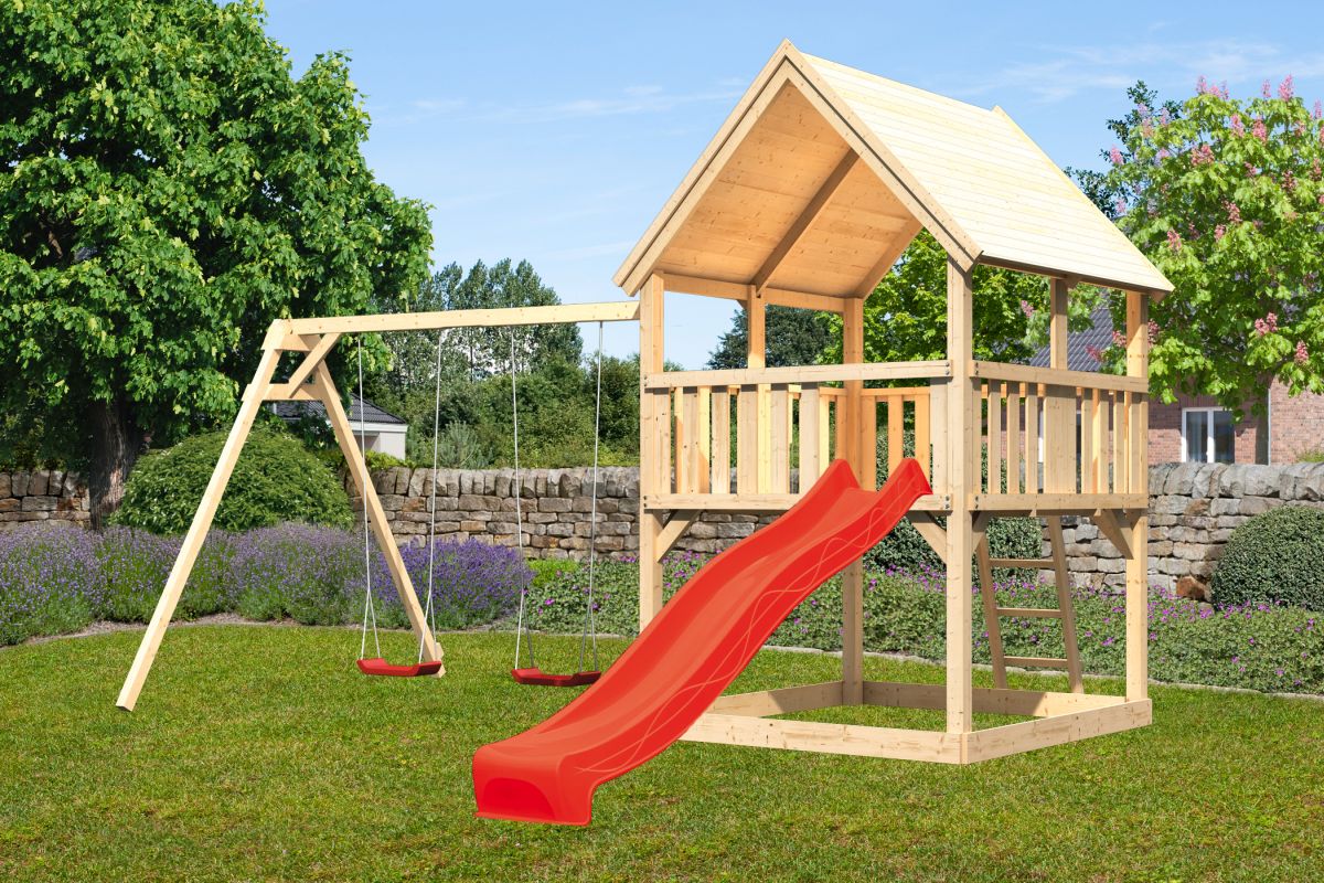 Spielturm Luis naturbelassen, Set mit Doppelschaukel und Rutsche rot