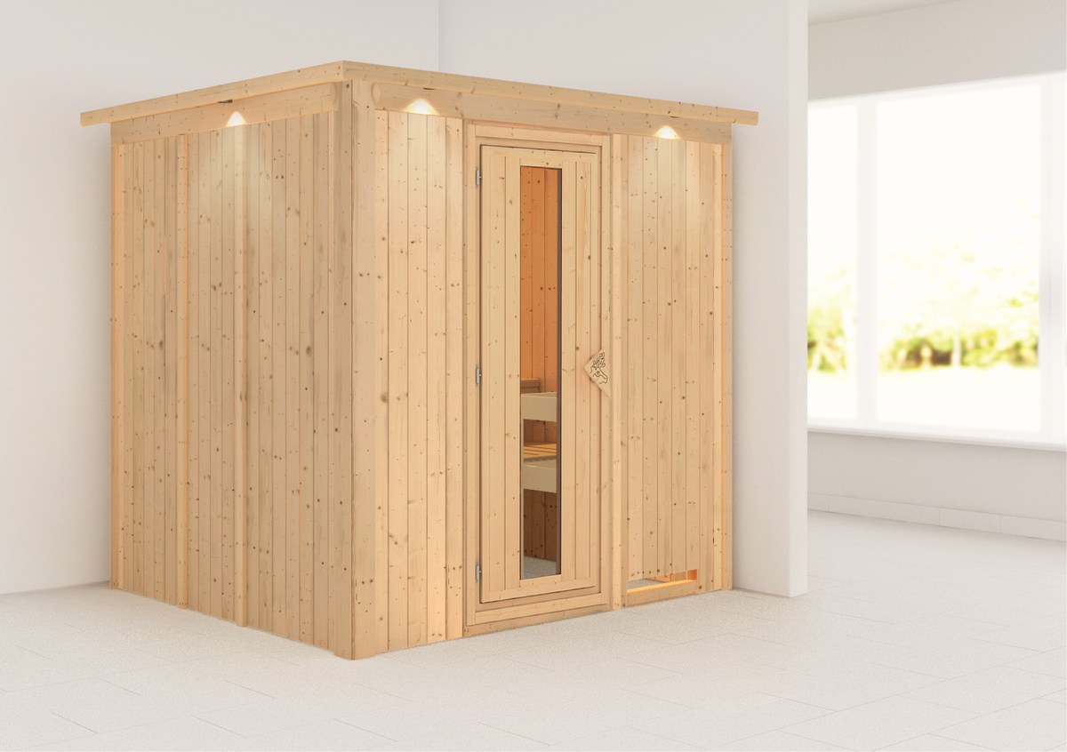 Energiesparsauna Eupin GREEN POWER - 196x170 cm, 68 mm Karibu Systemsauna mit Dachkranz|ohne Ofen Energiesparsauna Eupin GREEN POWER - 196x170 cm, 68 mm Karibu Systemsauna mit Dachkranz|ohne Ofen