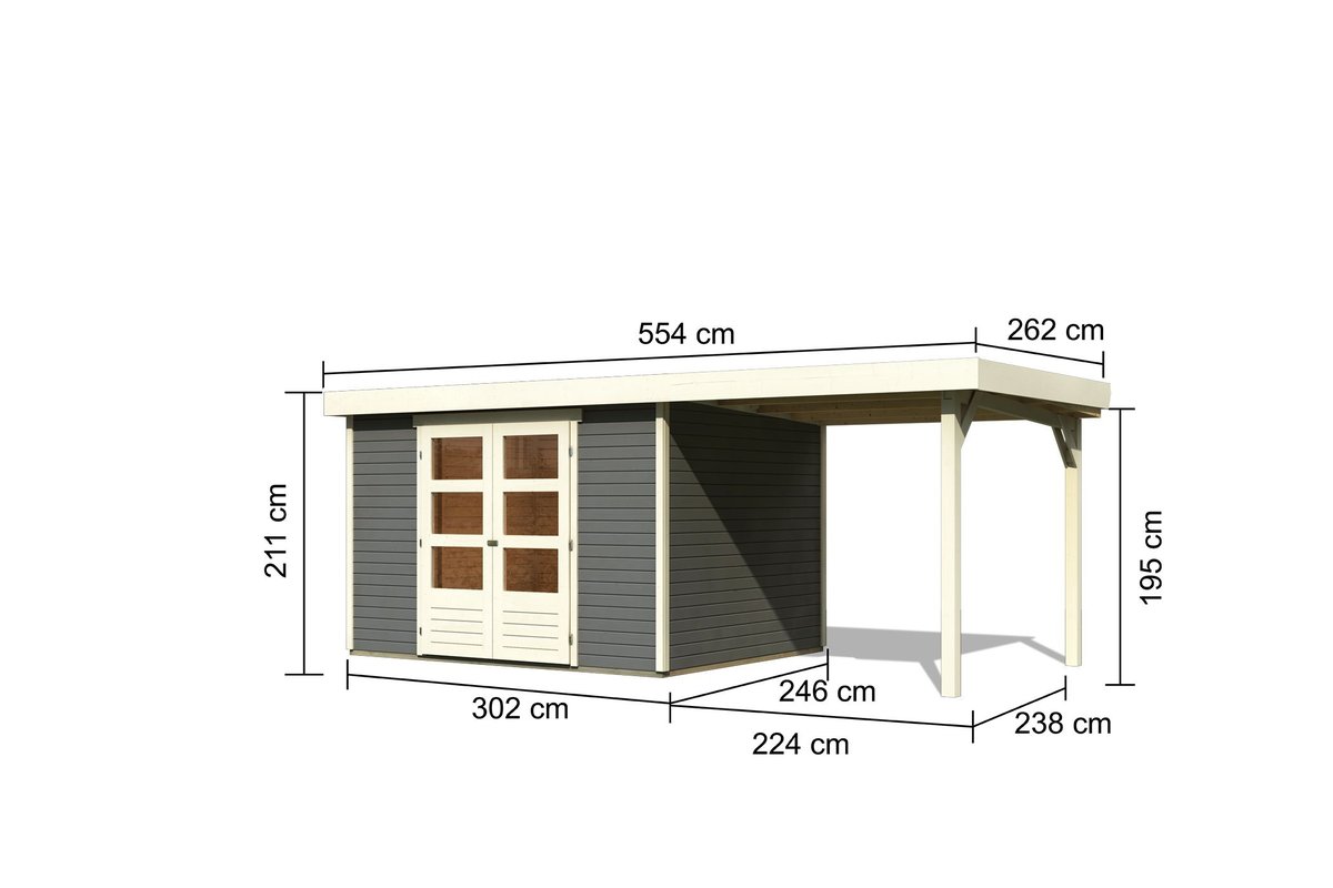 Gartenhaus Askola 5, 302 x 246 cm inkl Anbaudach 2,40 m, 19 mm Holz terragrau, Karibu