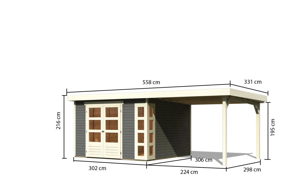 Gartenhaus Kerko 6 - 298 x 302 cm, inkl. Anbaudach 2,40m, 19 mm Holz terragrau, Karibu