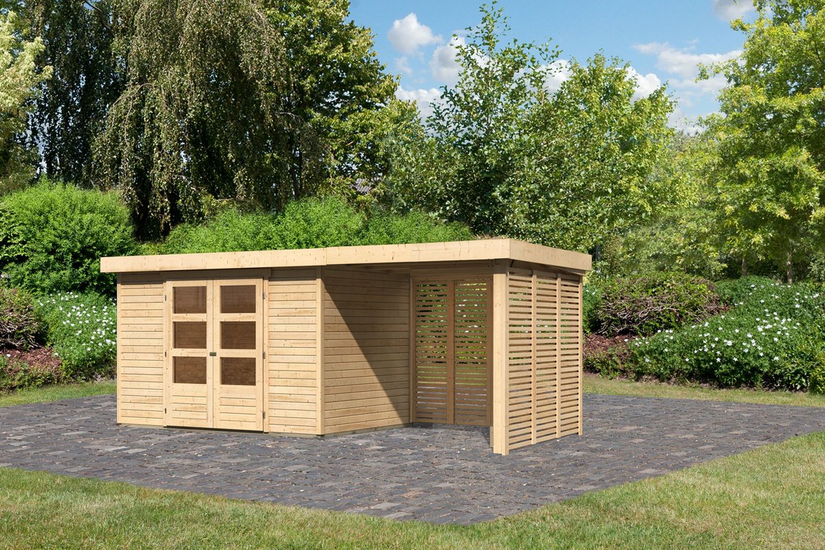 Gartenhaus Askola 4 - 302x217 cm mit Anbaudach 2,40m und Lamellenwänden, 19 mm naturbelassen, Karibu