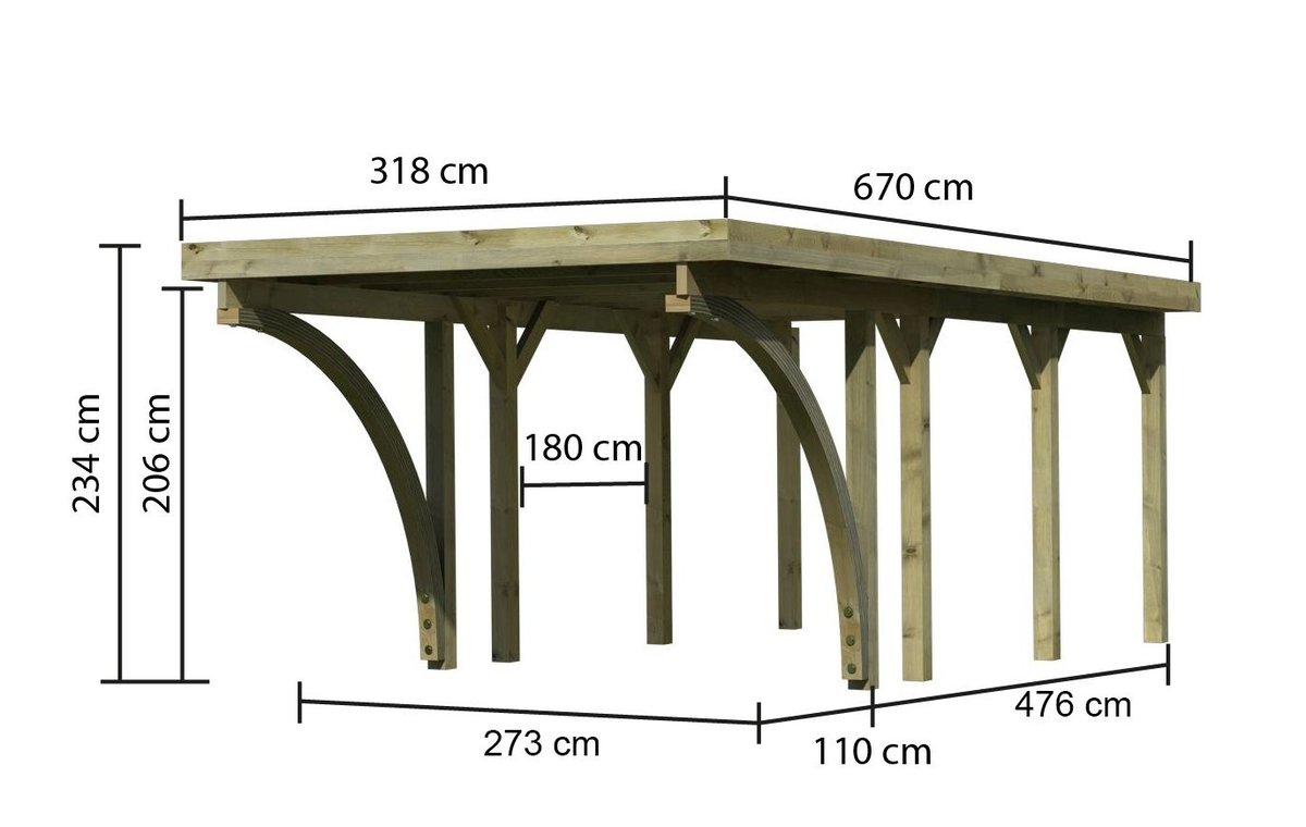 Einzelcarport CLASSIC 2 Variante C - 318x670 cm, kdi mit Stahldach