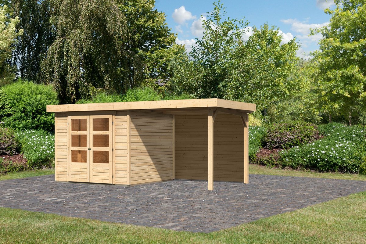 Gartenhaus Askola 3,5 - 242 x 246 cm inkl. Anbaudach 2,40 m mit Rückwand, 19 mm Holz naturbelassen