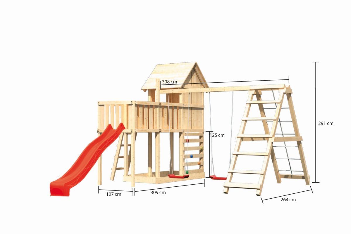 Stelzenhaus Frieda natur, Set mit Plattform, Kletterschaukel, Kletterwand und Rutsche rot