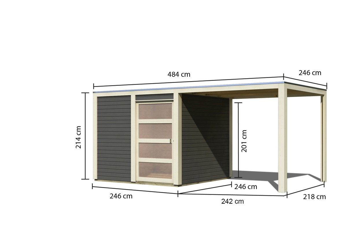 Gartenhaus Qubic 1 - 246x246 cm plus Anbaudach 2,40m, 19 mm Holz terragrau, Karibu