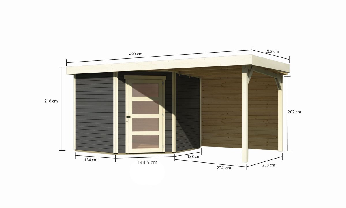 Gartenhaus Schwandorf 5, 242 x 246 cm inkl. Anbaudach 2,40 m mit Rückwand, 19 mm Holz terragrau, Karibu