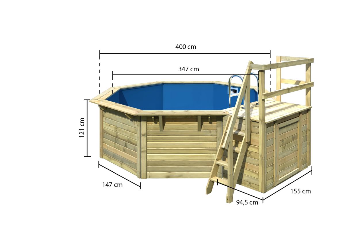 Achteck-Pool X1 400x400 cm Holz kdi mit Terrasse, Set mit Filter+Skimmer