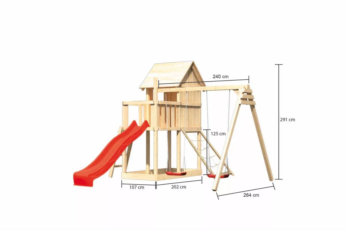 Stelzenhaus Frieda naturbelassen, Set mit Doppelschaukel, Netzrampe und Rutsche rot