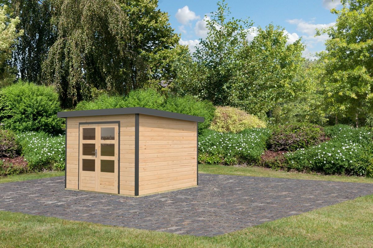 Hybrid-Gartenhaus Pluto 6A - 271x271 cm, 28mm naturbelassen/anthrazit