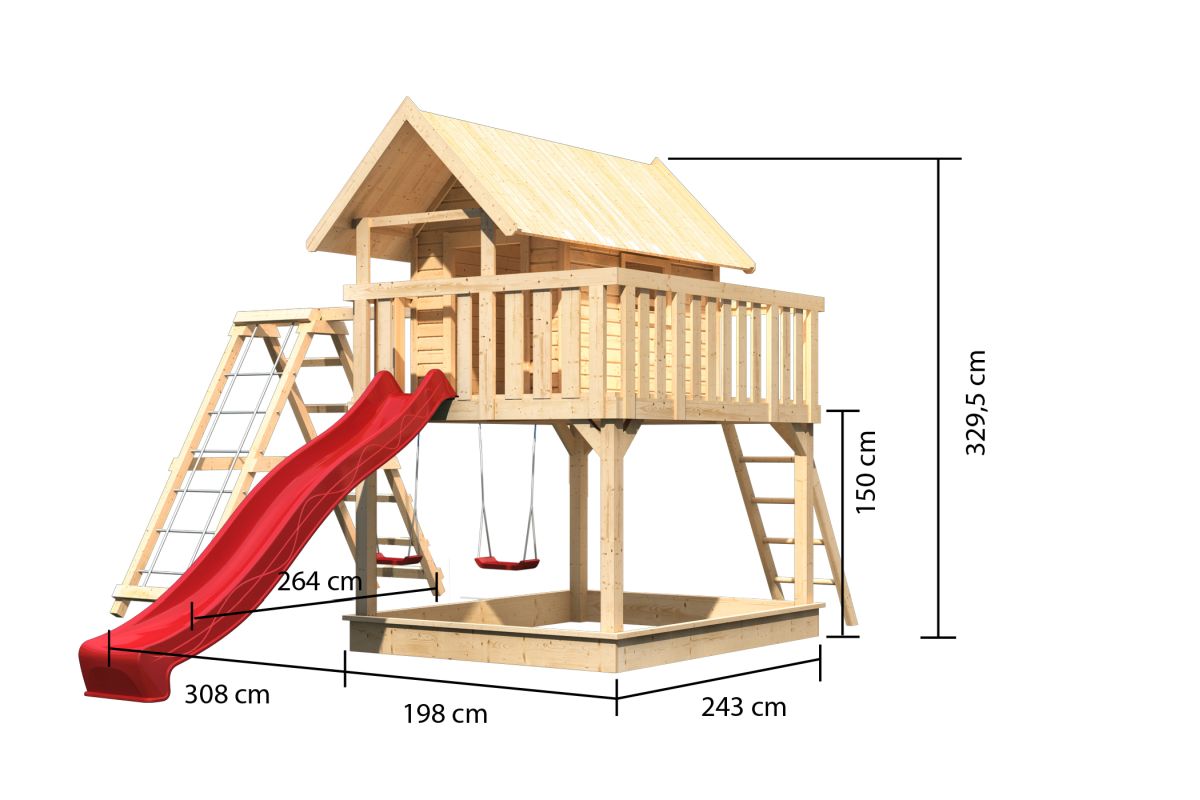 Stelzenhaus FIDEL naturbelassen mit Kletterlschaukel und Rutsche rot