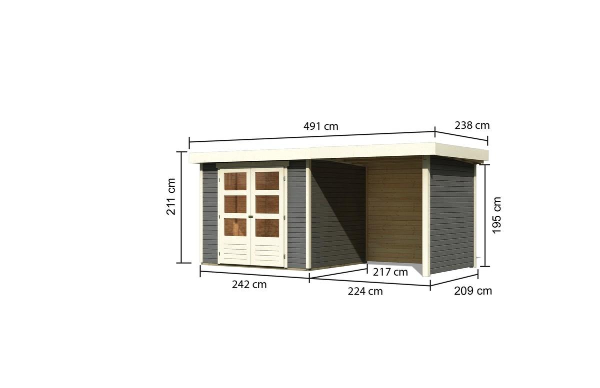 Gartenhaus Askola 3 - 242x217 cm, 19 mm terragrau plus Anbaudach 2,40m mit Wänden, Karibu