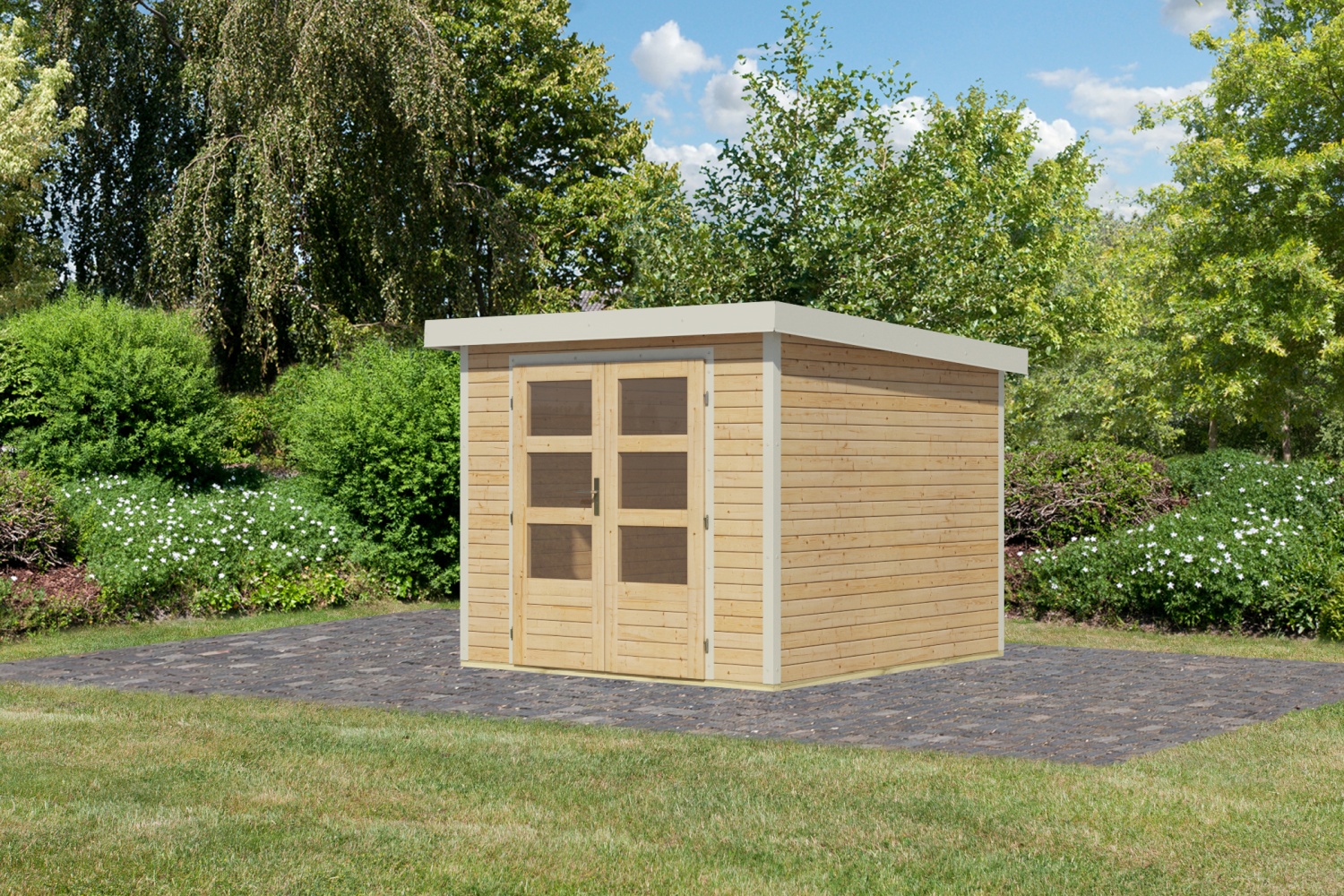 Hybrid-Gartenhaus Jupiter 3,5A - 238x242 cm, 19mm naturbelassen/weiß