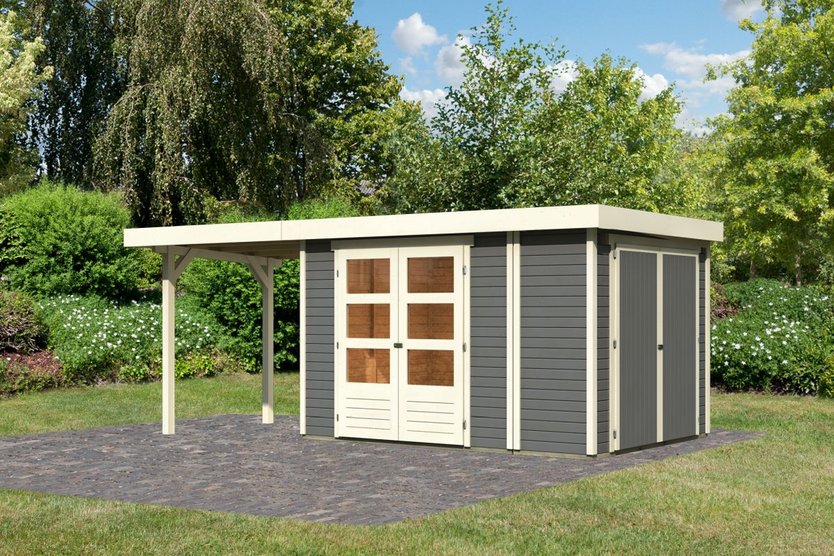 Gartenhaus Retola 4, 319x246 cm mit Anbauschrank und Anbaudach 2,40 m, 19 mm Holz terragrau,