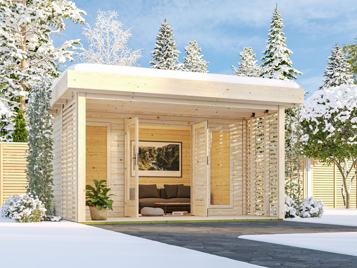 Gartenhaus Chione mit verstärktem Dach - 393x393 cm, 38 mm Holz naturbelassen, Karibu