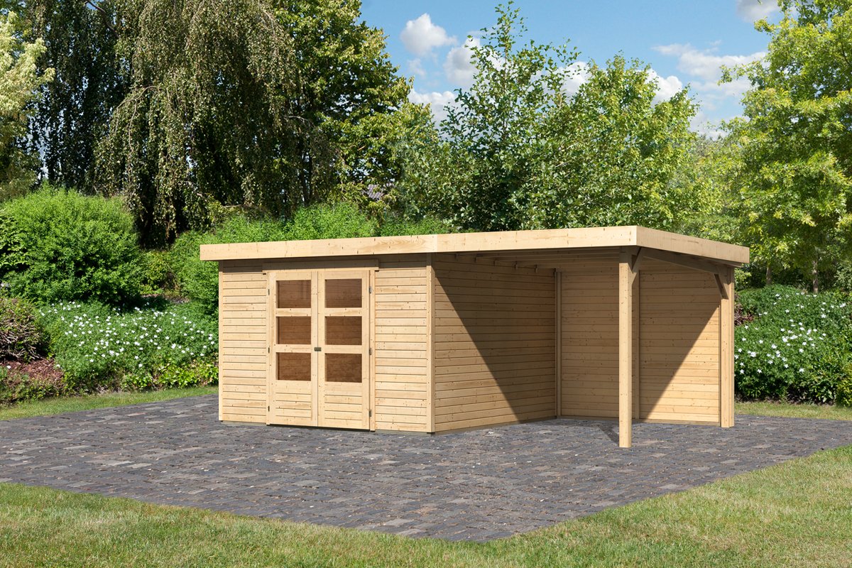 Gartenhaus Askola 6 -302x306 cm mit Anbaudach 2.40m und Rückwand, 19 mm naturbelassen, Karibu