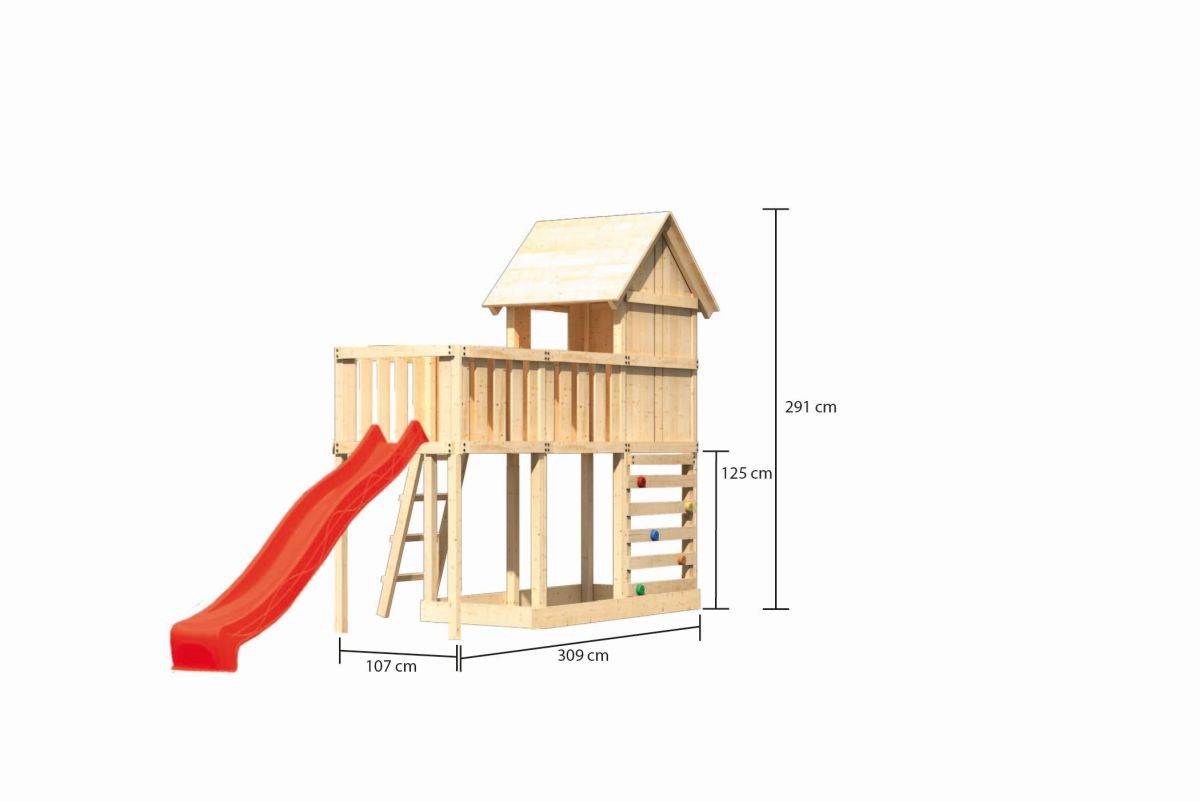 Stelzenhaus Frieda naturbelassen, Set mit Plattform, Kletterwand und Rutsche rot