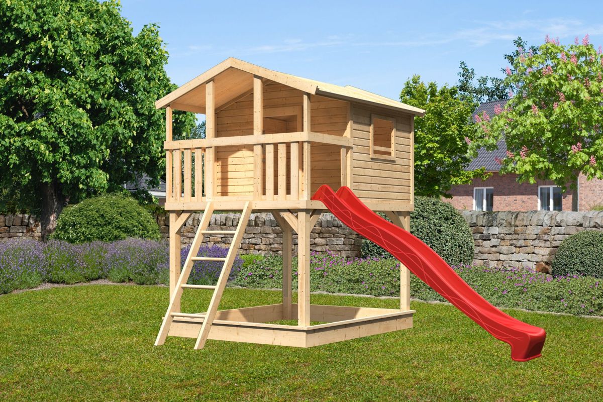 Stelzenhaus Benjamin naturbelassen mit Rutsche rot