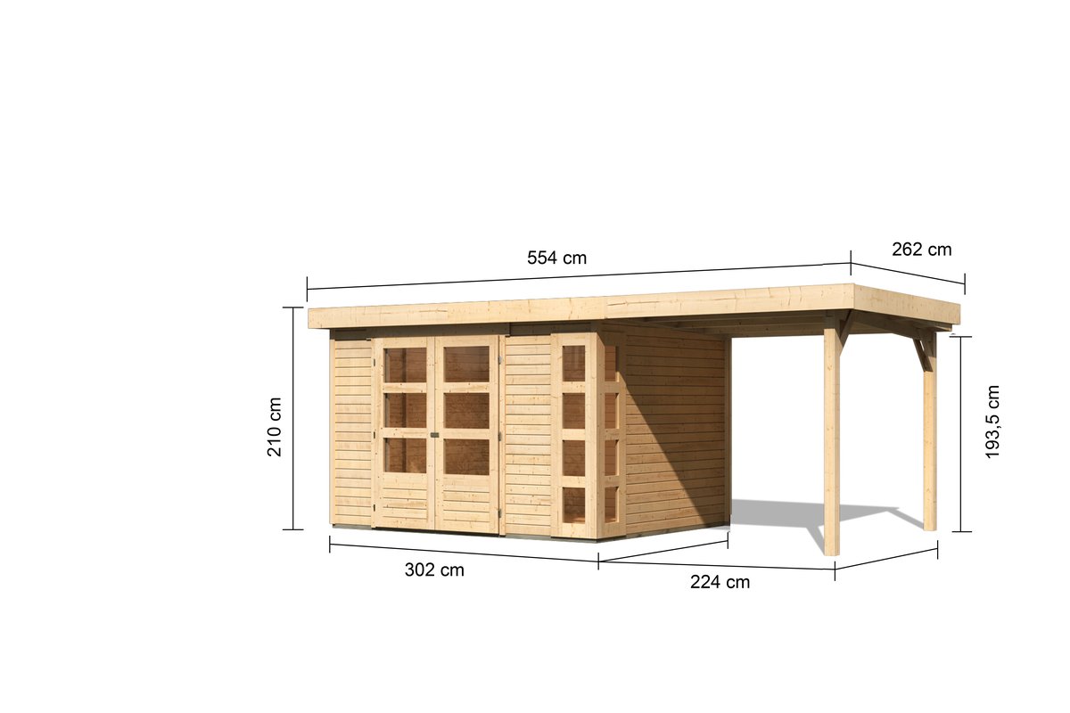 Gartenhaus Kerko 5 - 302 x 246 cm inkl. Anbaudach 2,40 m, 19 mm Holz naturbelassen