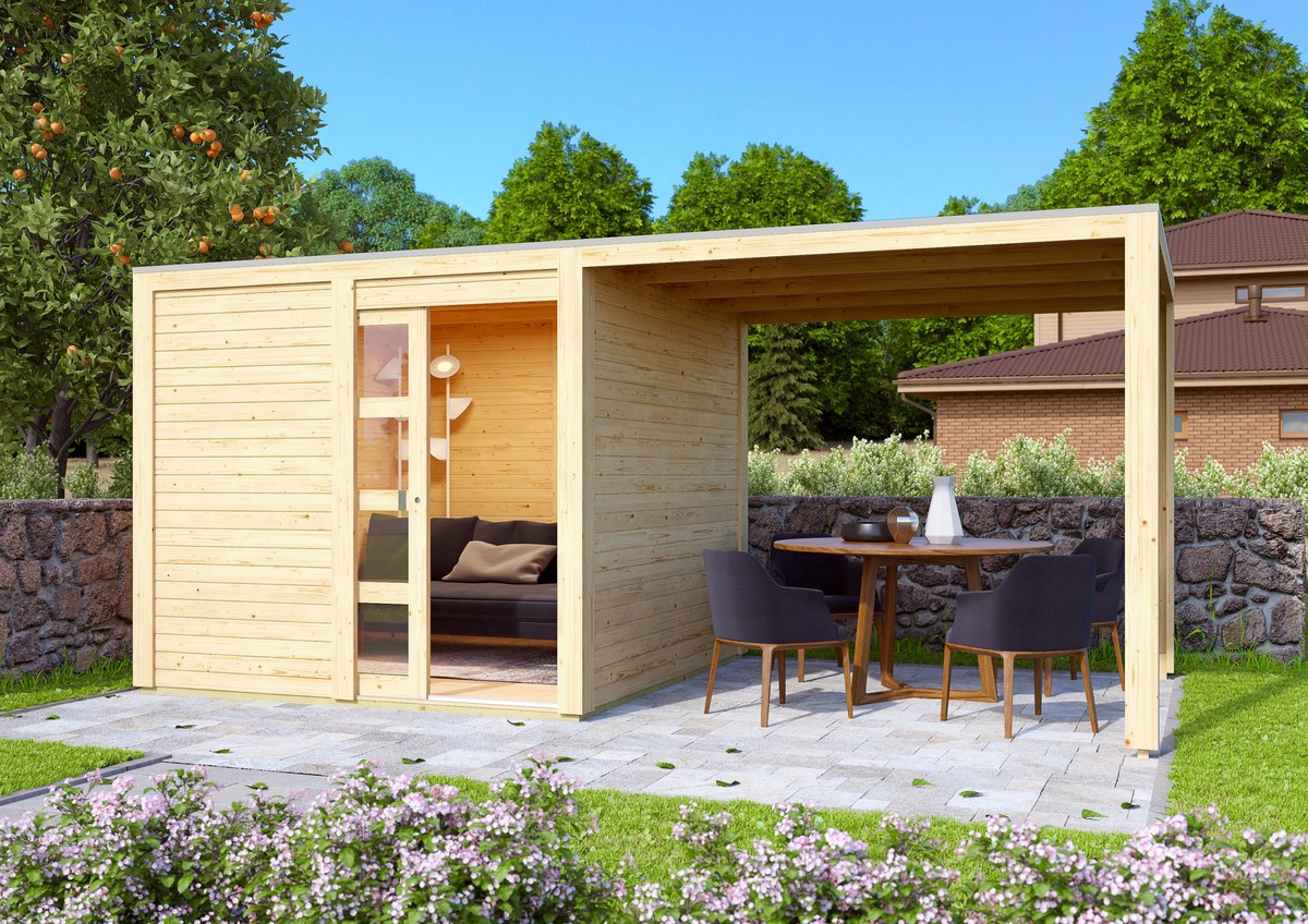 Gartenhaus Qubic 1 - 246x246 cm plus Anbaudach 2,40m, 19 mm Holz naturbelassen, Karibu