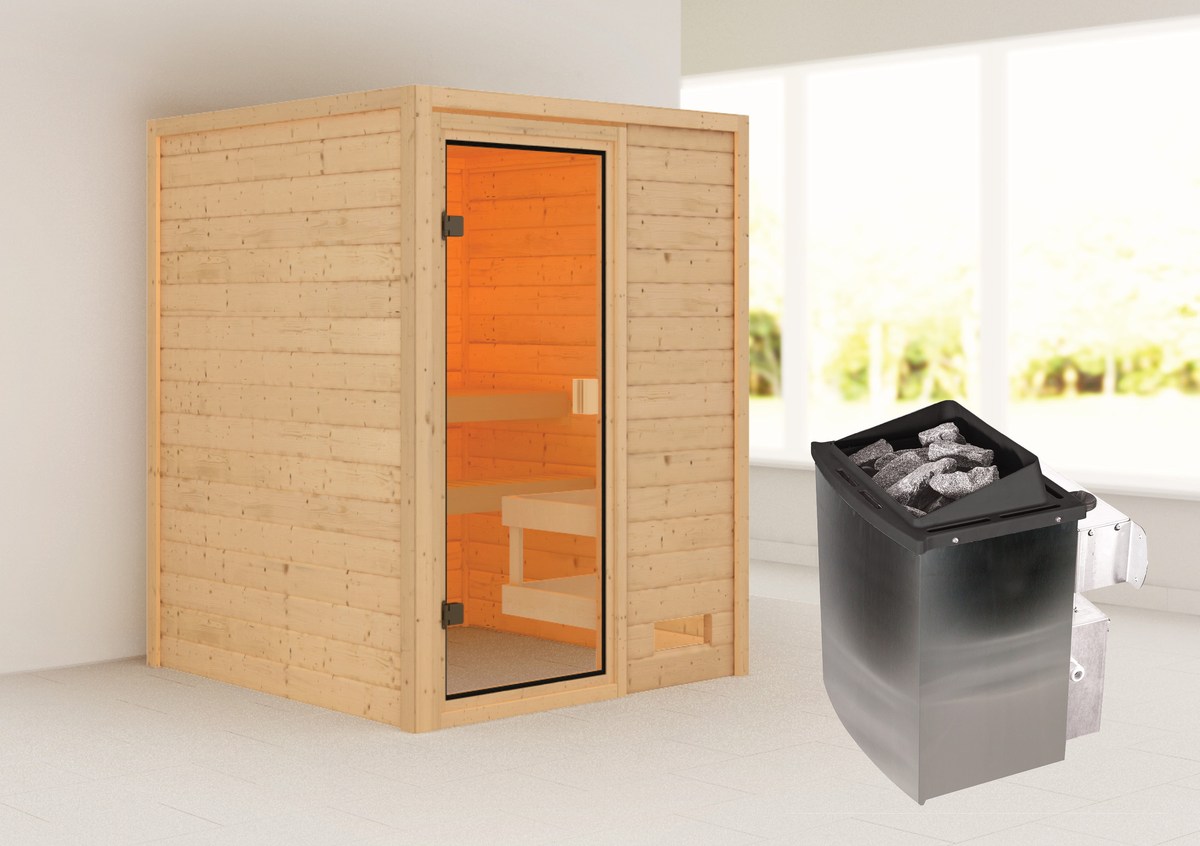 Aktionssauna Valida 1 - 145x145 cm, 38 mm Massivholz|Fronteinstieg|Set-Ofen 1