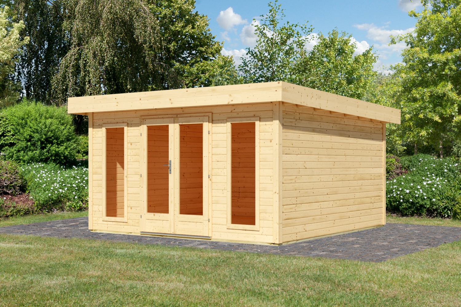 Gartenhaus Lotus für Dachbegrünung - 393x393 cm, 38 mm Holz naturbelassen, Karibu