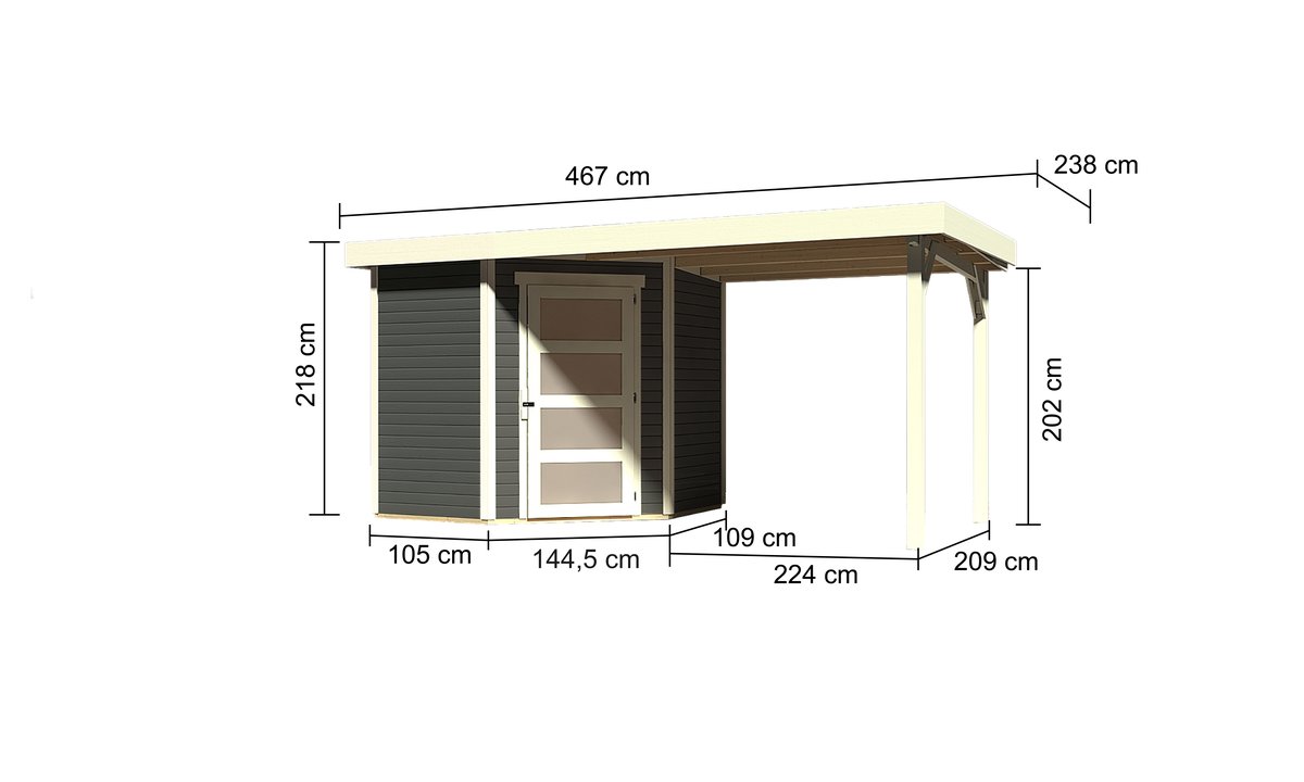 Gartenhaus Schwandorf 3, 213x217 cm, inkl. Anbaudach 2,40m, 19 mm Holz terragrau, Karibu