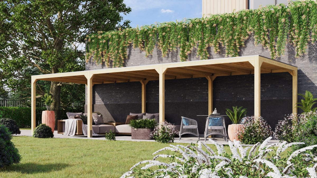 Pavillon Cubus mit 2 Verlängerungen - 934x320 cm, Leimholz natur, Karibu