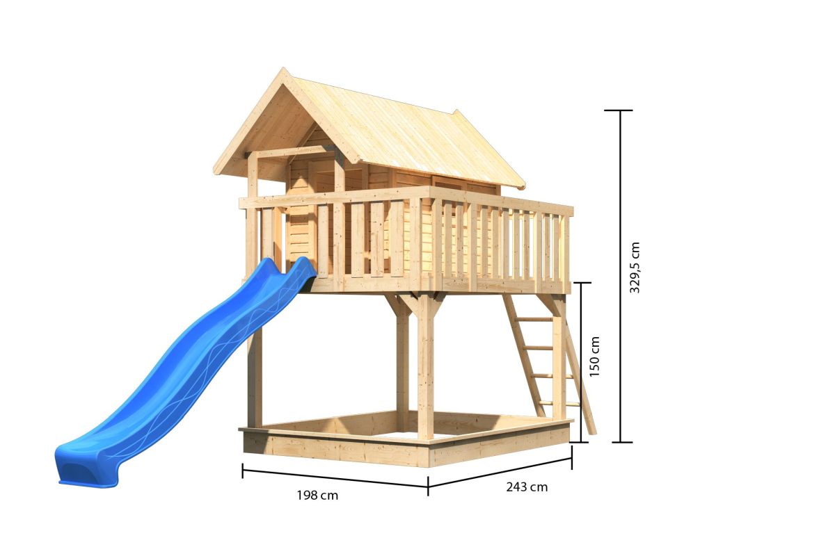 Stelzenhaus FIDEL naturbelassen, Set mit Rutsche blau, Karibu