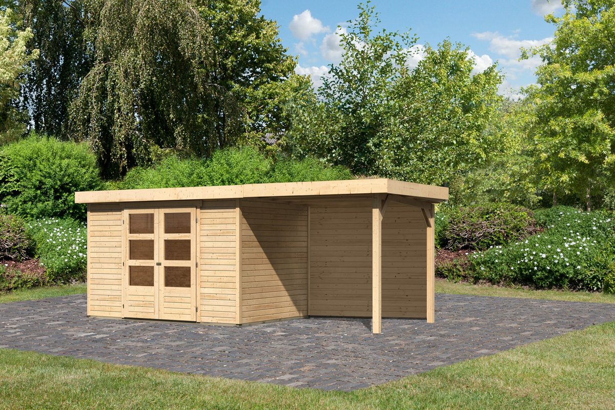 Gartenhaus Askola 4 - 302x217 cm mit Anbaudach 2,40m und Rückwand, 19 mm naturbelassen, Karibu