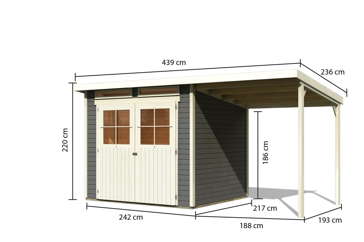 Gartenhaus Glücksburg 4 terragrau - 242x217 cm mit Anbaudach 190 cm, 19 mm Holz, Karibu