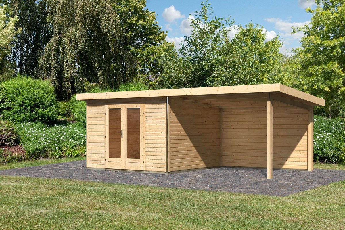 Gartenhaus Radeburg 1 - 309x309 cm plus Anbaudach 3,30m mit Rückwand, 40 mm Holz naturbelassen, Karibu