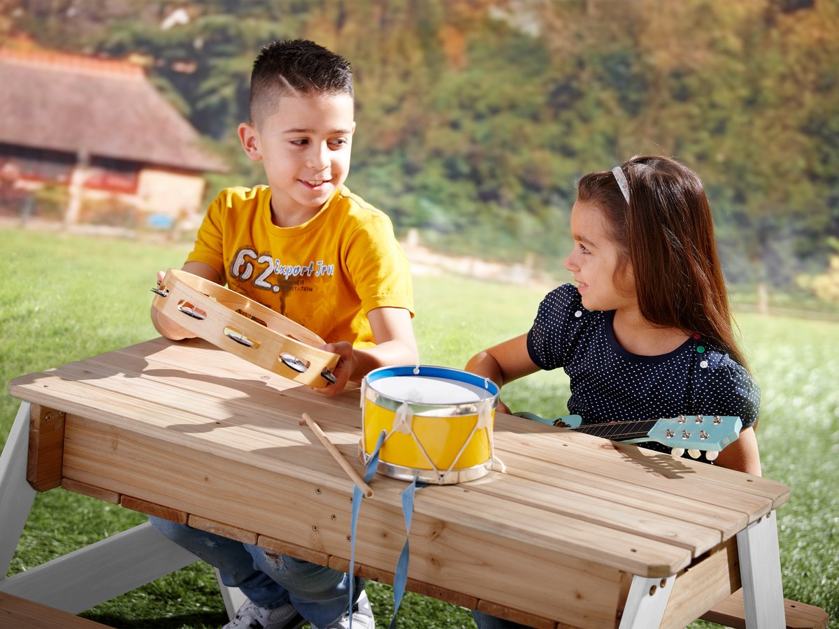 Sand-/Wasser-Spieltisch Nick braun/weiß mit Sonnenschirm blau/weiß