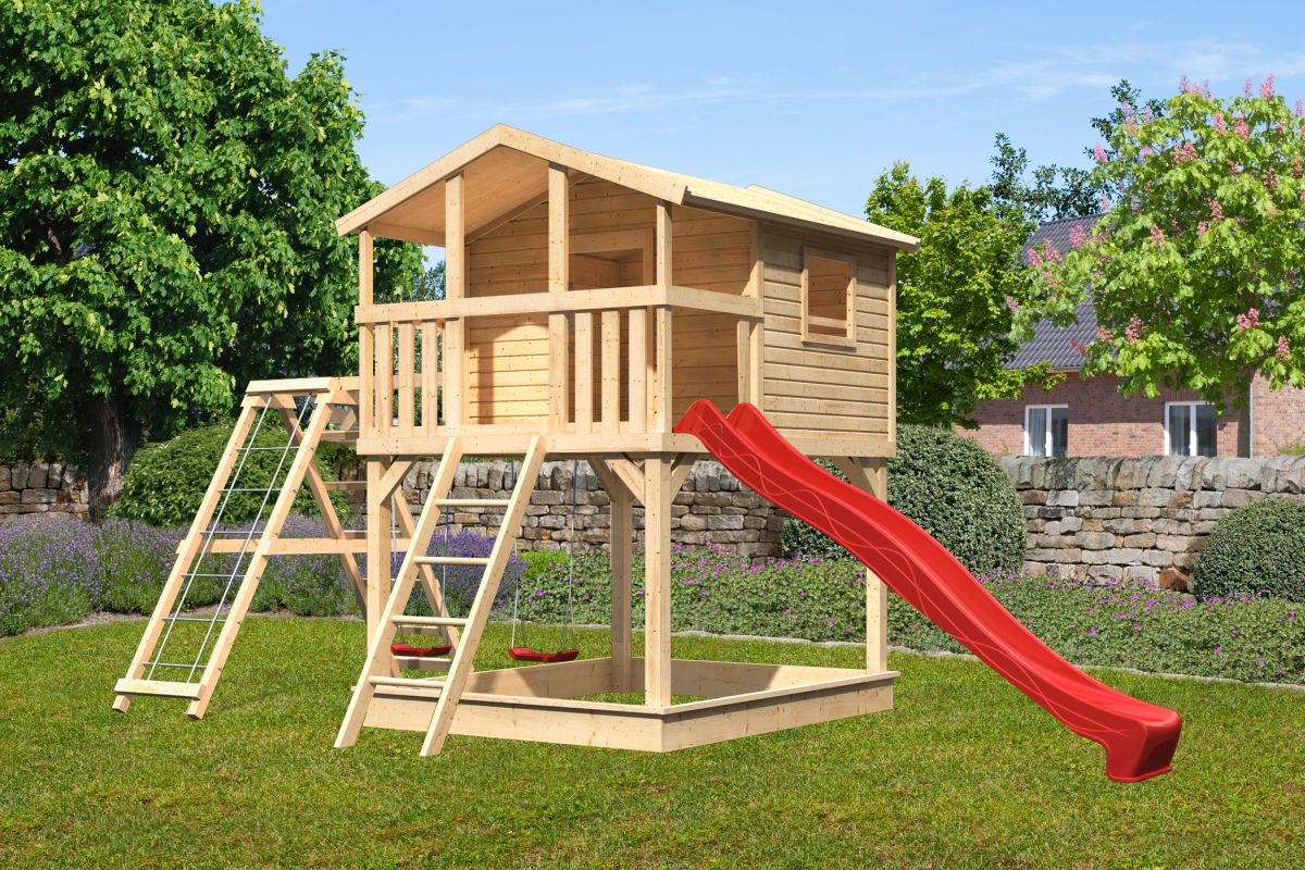 Stelzenhaus Benjamin naturbelassen mit Kletterschaukel und Rutsche rot