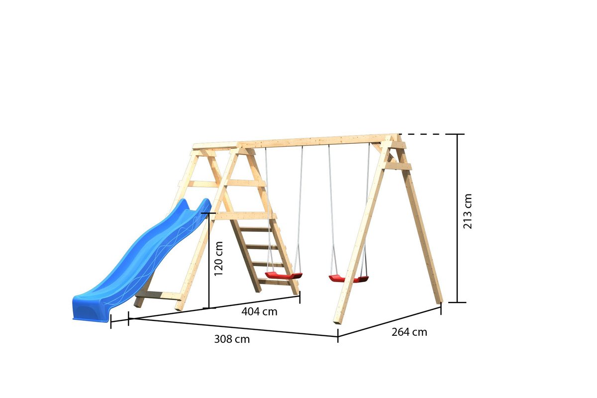 Doppelschaukel Felix mit Klettergerüst und Rutsche blau, Fichte naturbelassen, Karibu