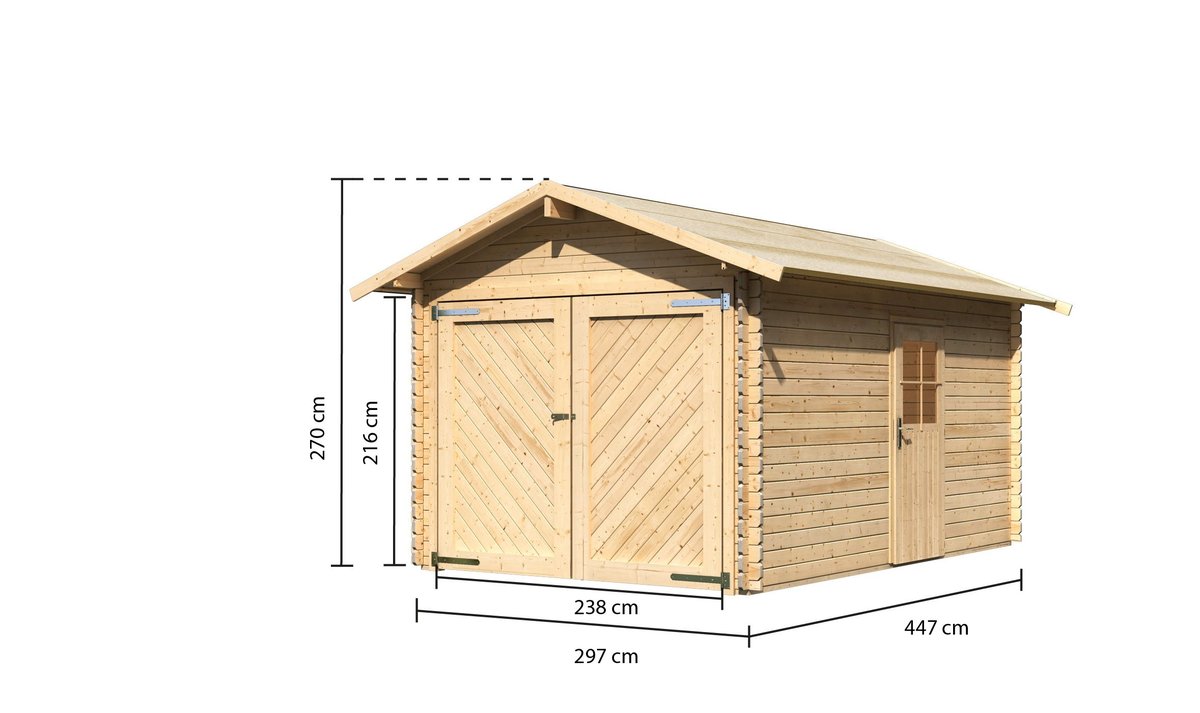 Holzgarage 28 mm Blockbohlen naturbelassen, Satteldach-Einzelgarage 297x447 cm, Karibu