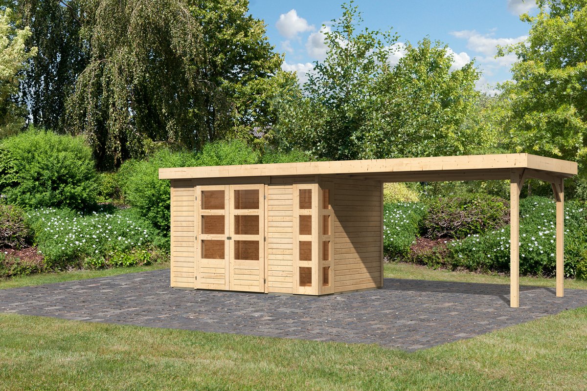 Gartenhaus Kerko 4 - 298 x 213 cm, inkl. Anbaudach 2,80m, 19 mm Holz naturbelassen, Karibu