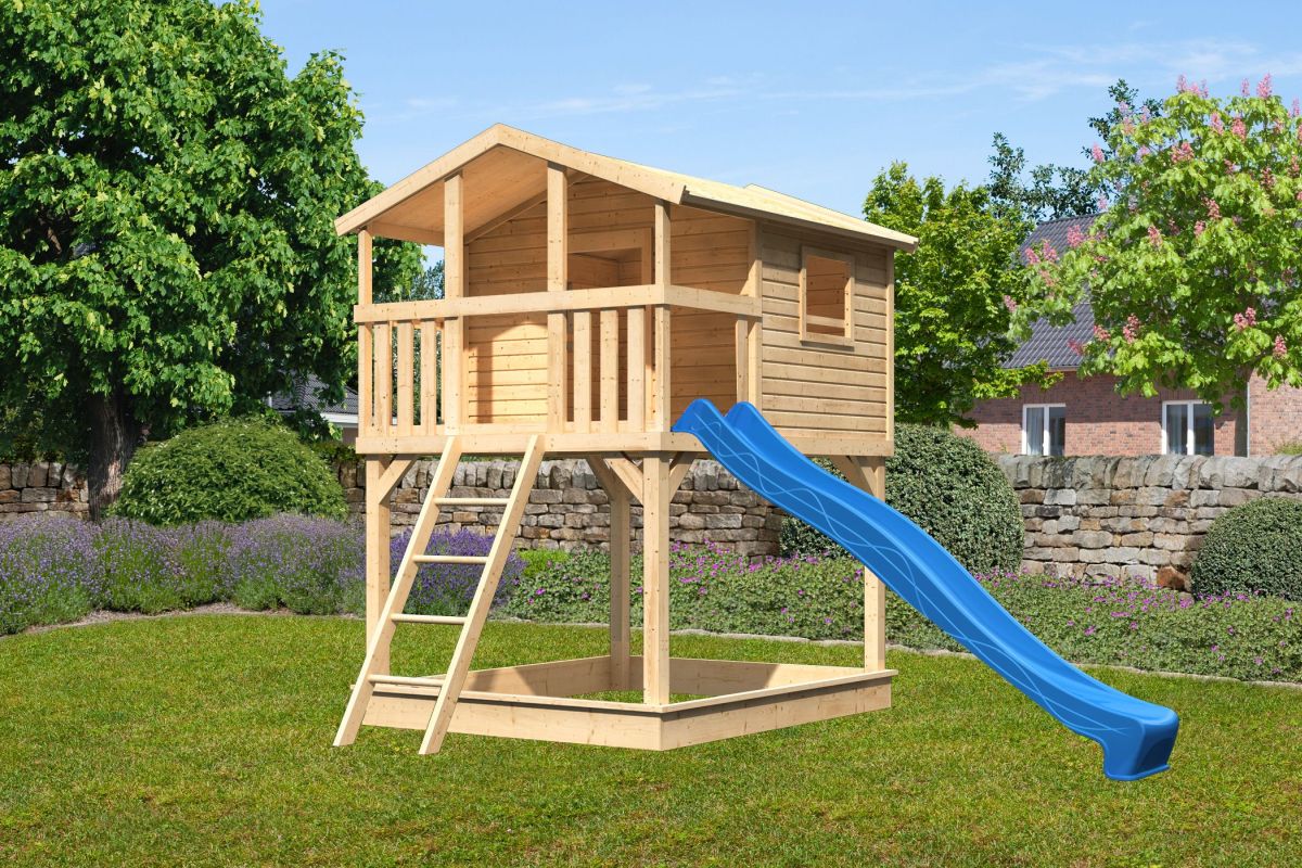 Stelzenhaus Benjamin naturbelassen mit Rutsche blau