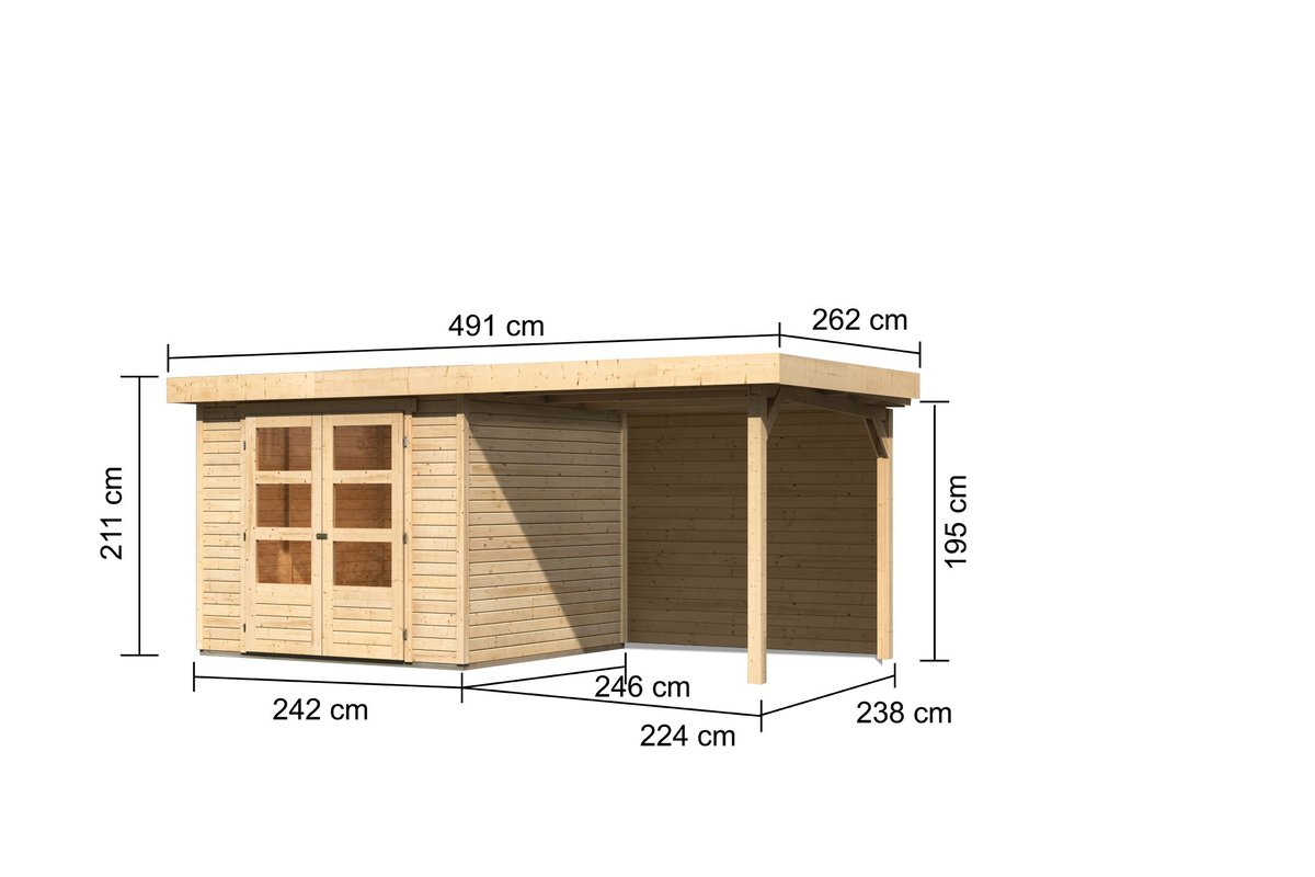 Gartenhaus Askola 3,5 - 242 x 246 cm inkl. Anbaudach 2,40 m mit Rückwand, 19 mm Holz naturbelassen