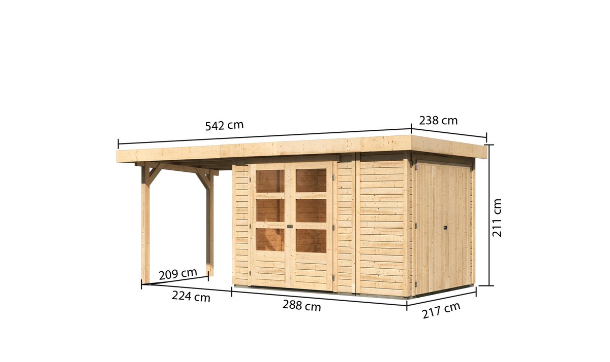 Gartenhaus Retola 2, 288x217 cm mit Anbauschrank und Anbaudach 2,40 m, 19 mm Holz naturbelassen,