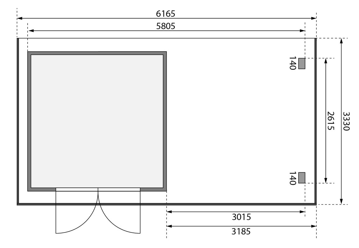 Blockbohlengartenhaus Trittau 3 - 580,5 x 297 cm mit Anbaudach 3,30 m, 38 mm Holz naturbelassen, Karibu