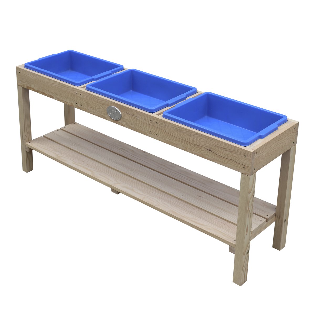 axi Activity Tisch 124x27x50 cm mit 3 blauen Behältern, naturbraun