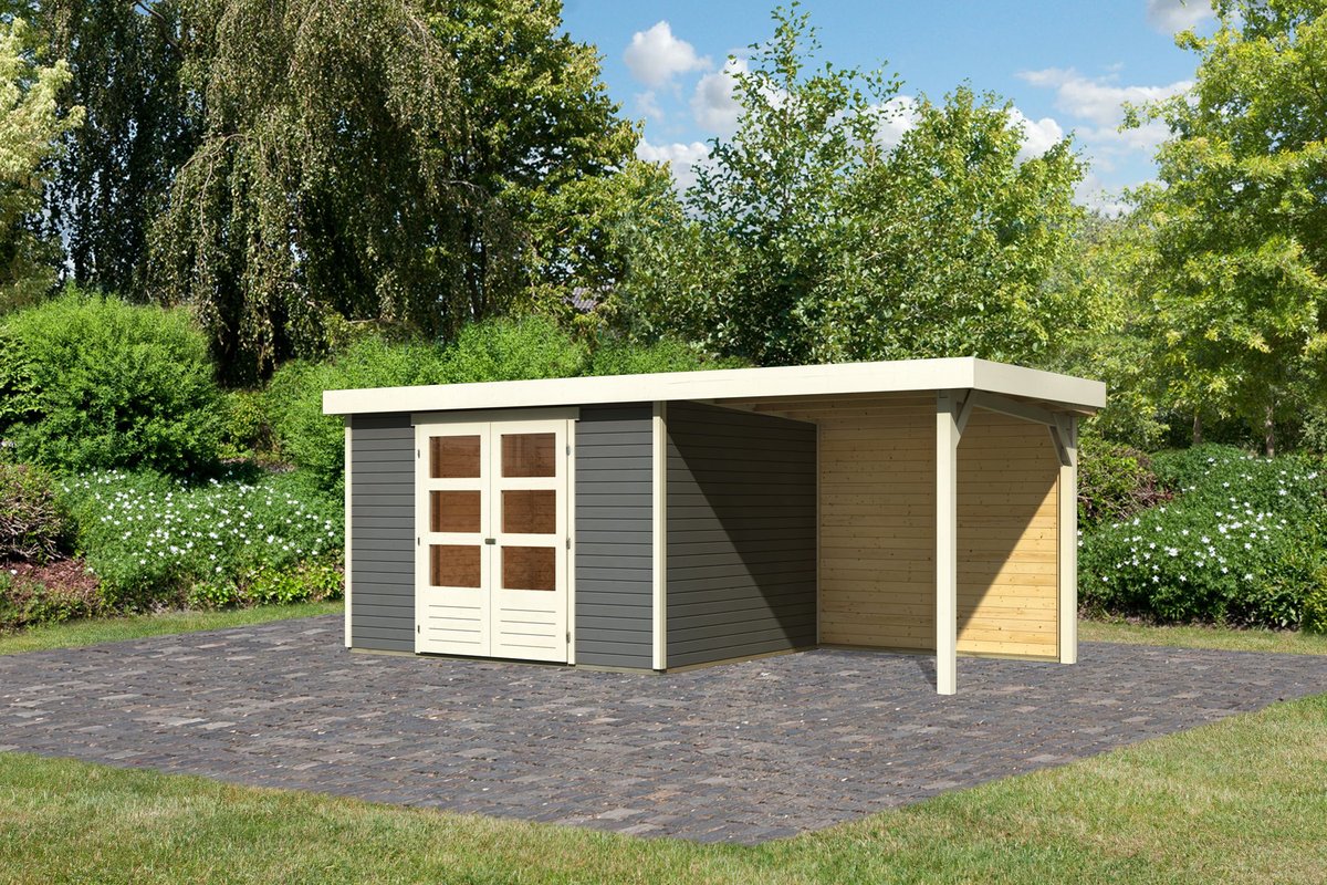Gartenhaus Askola 5, 302 x 246 cm inkl Anbaudach 2,40 m mit Rückwand, 19 mm Holz terragrau, Karibu