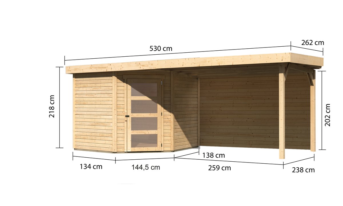Gartenhaus Schwandorf 5, 242 x 246 cm inkl. Anbaudach 2,80 m mit Rückwand, 19 mm Holz, Karibu