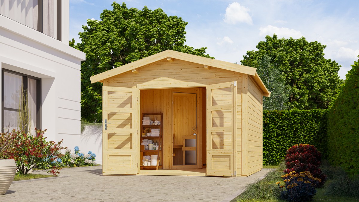 Saunahaus Svenson mit Ecksauna - 304x304 cm, 28 mm Karibu Holzhaus