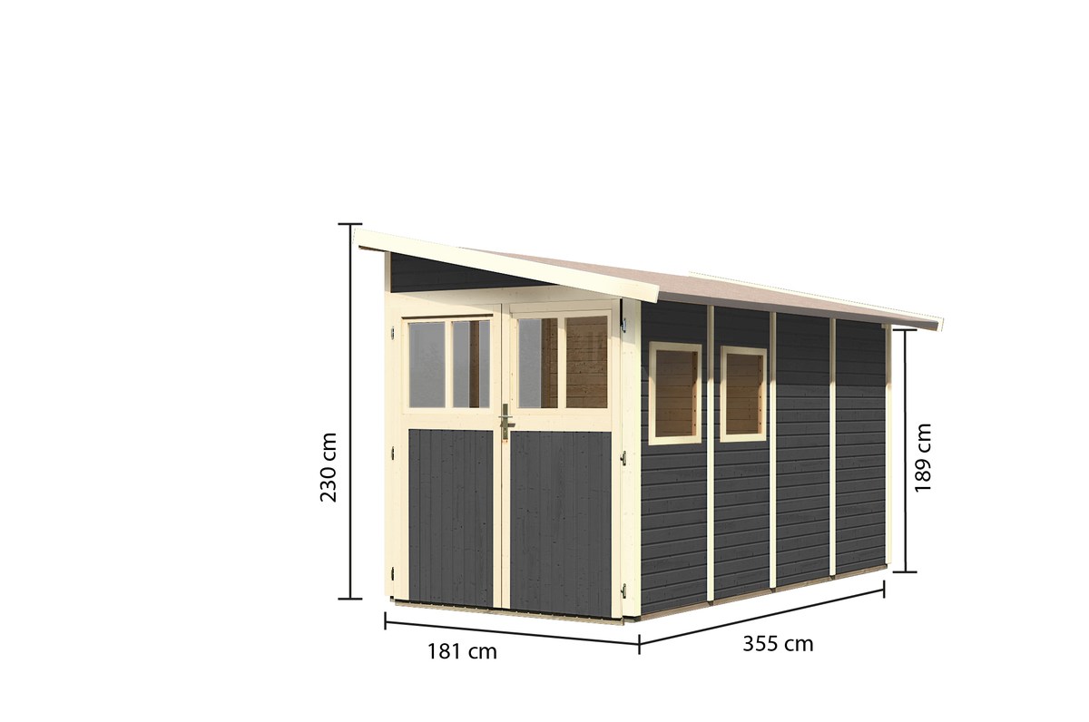 Anlehnhaus Wandlitz 4 - 181x355 cm, 19 mm Holz terragrau, Karibu